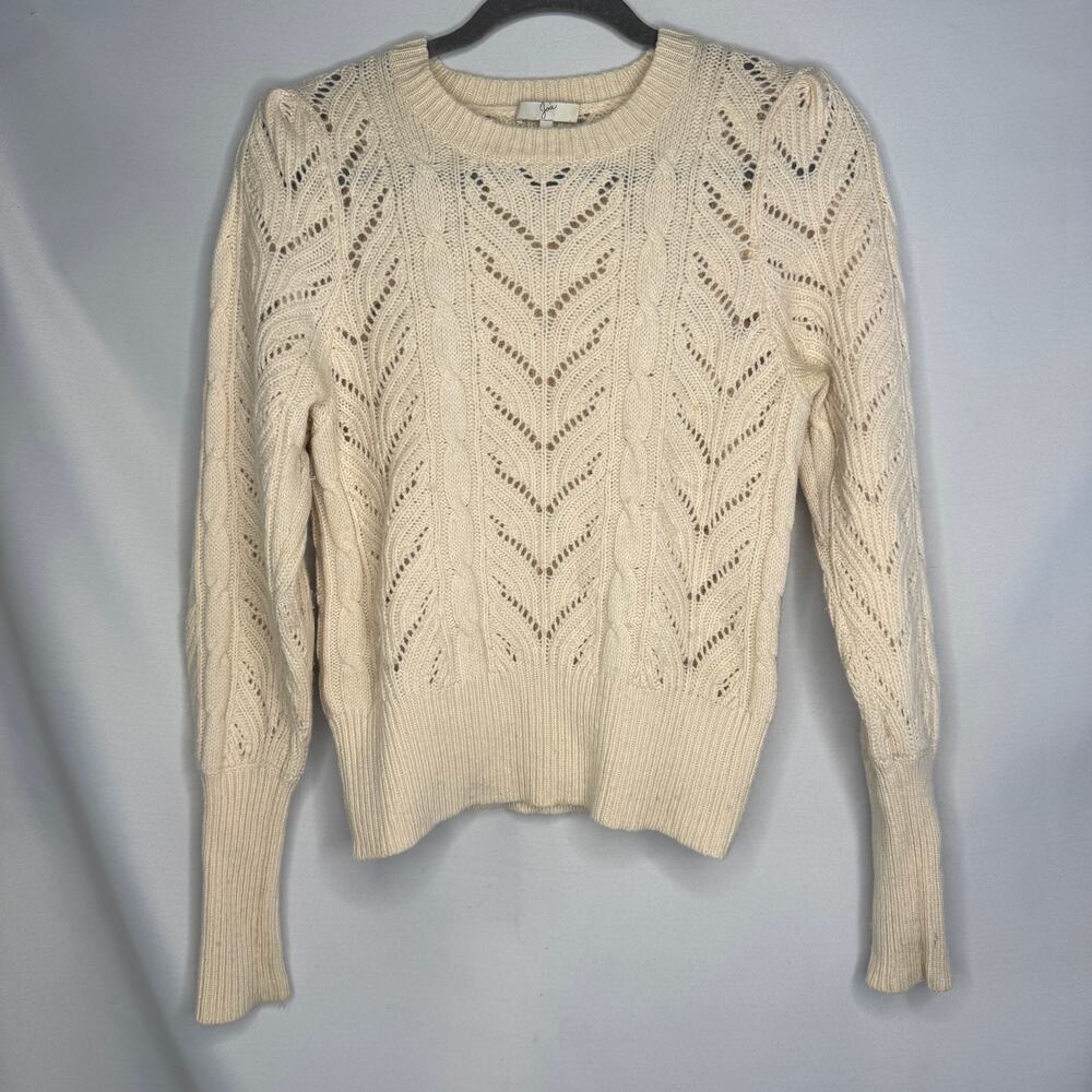 Joie Wool Cashmere Pointelle Cable Knit Sweater Off White Cream Small
